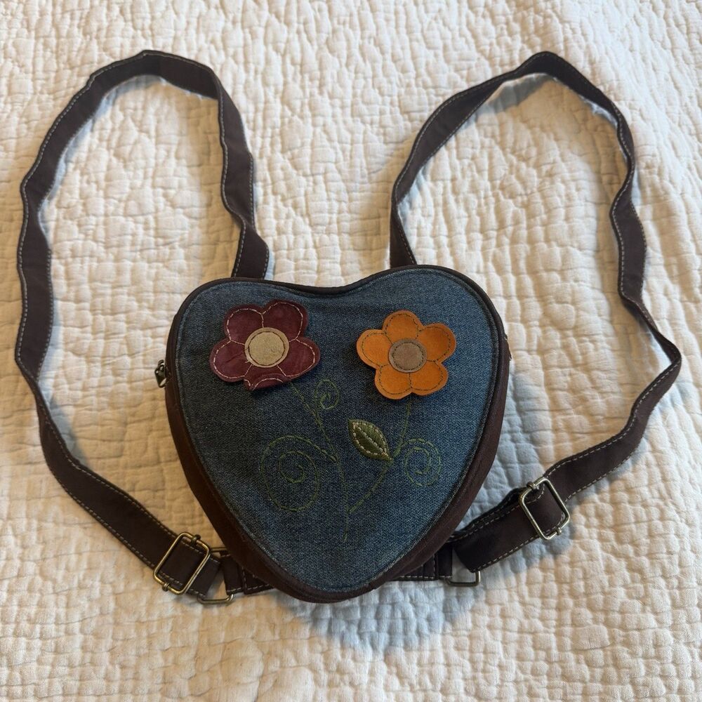 Mary Kate & Ashley Olsen Y2K Denim Suede Embroidered Floral Mini Backpack Vtg
